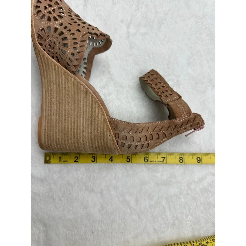 Jeffrey Campbell Tan Suede Laser Cut‎ Wedge Sandals Ankle Strap Brown Size 9.5